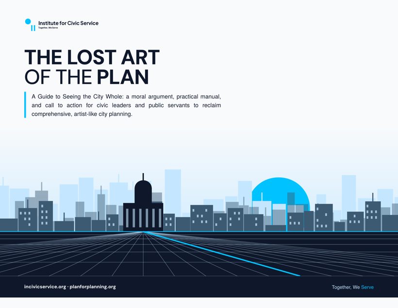 Cover of The Lost Art of the Plan: the title above a drawn city skyline, a courthouse and a rising blue sun over a perspective grid of streets.